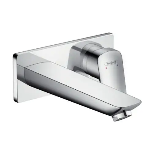 Einhebel-Waschtischmischer von Hansgrohe für die Wandmontage, Chromoberfläche, mit einem geraden Auslauf. Ideal für moderne Badezimmer.